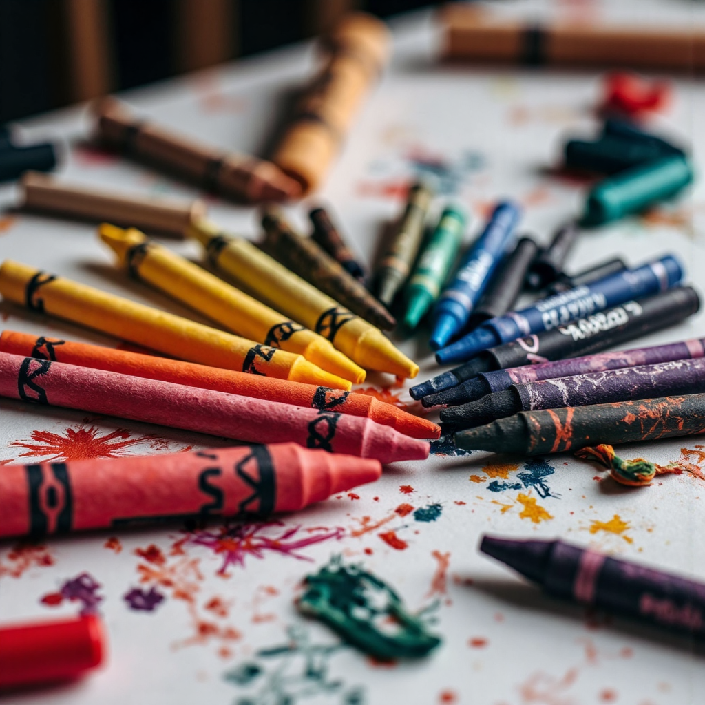 a close-up shot of various colorful jumbo crayons from different brands like Master Art Horse and Staedtler arranged neatly on an artist's desk with soft ambient light