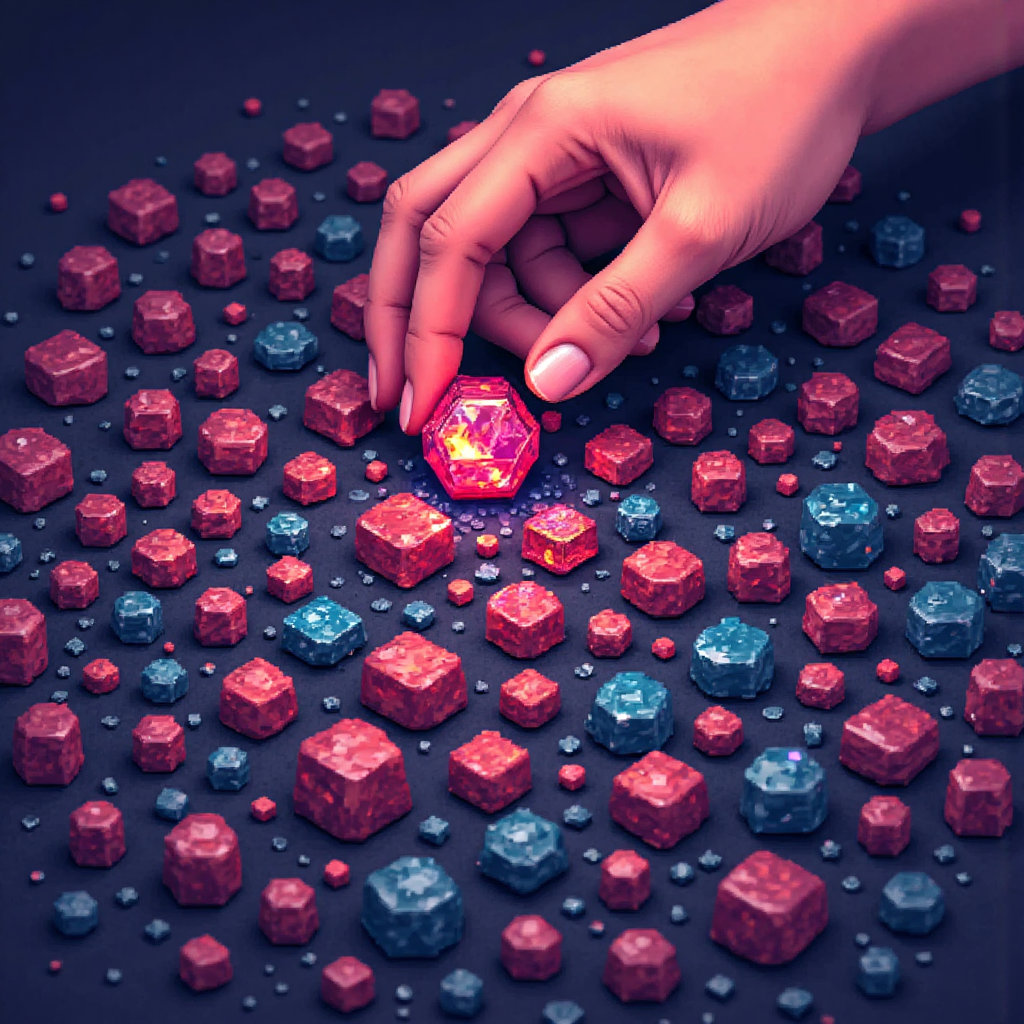 close up illustration of a hand carefully selecting a vibrant gem from a pile of ordinary stones representing finding a promising small cap stock
