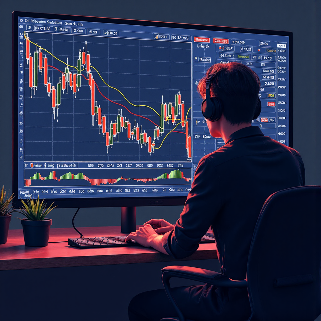 ภาพประกอบกลยุทธ์เทรด Forex ที่แสดงรูปแบบกราฟและเส้นอินดิเคเตอร์เชื่อมโยงกันบนอินเทอร์เฟซดิจิทัล พร้อมเทรดเดอร์ที่กำลังสังเกตอย่างตั้งใจ สื่อถึงการตัดสินใจที่ชาญฉลาด
