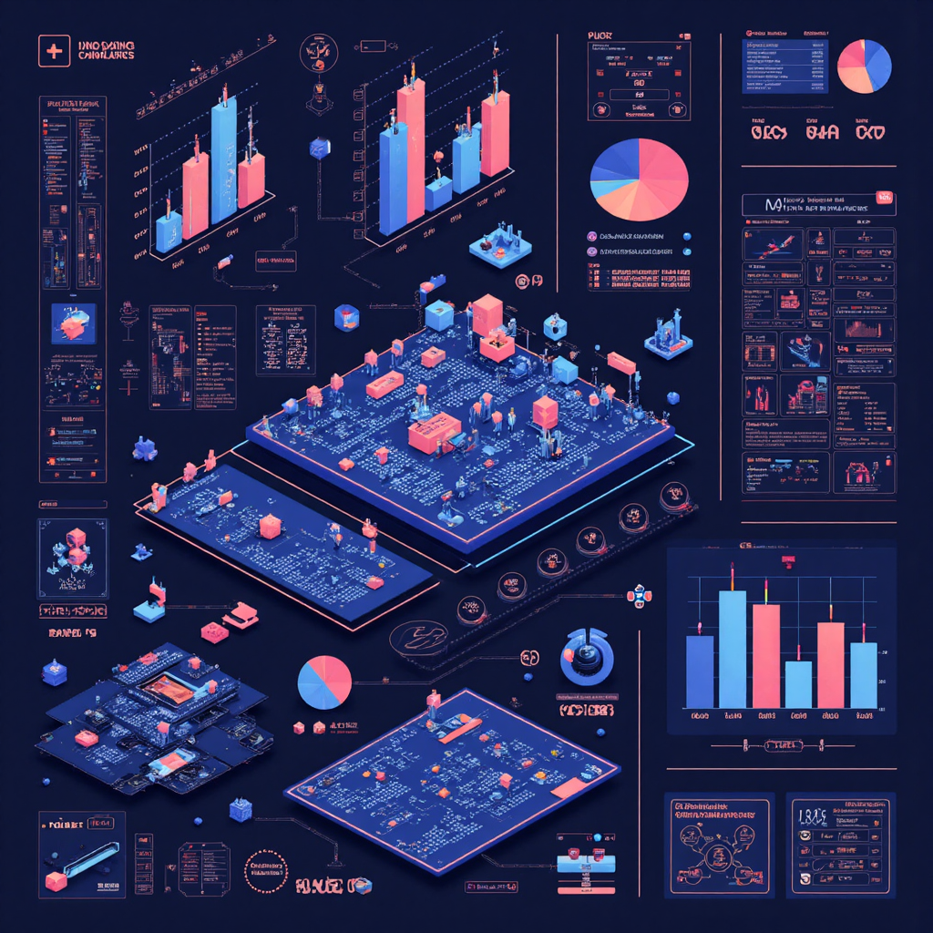 未來AI介面與視覺數據結合，抽象圖表元素與數位節點，代表圖表分析與AI工具的合作未來