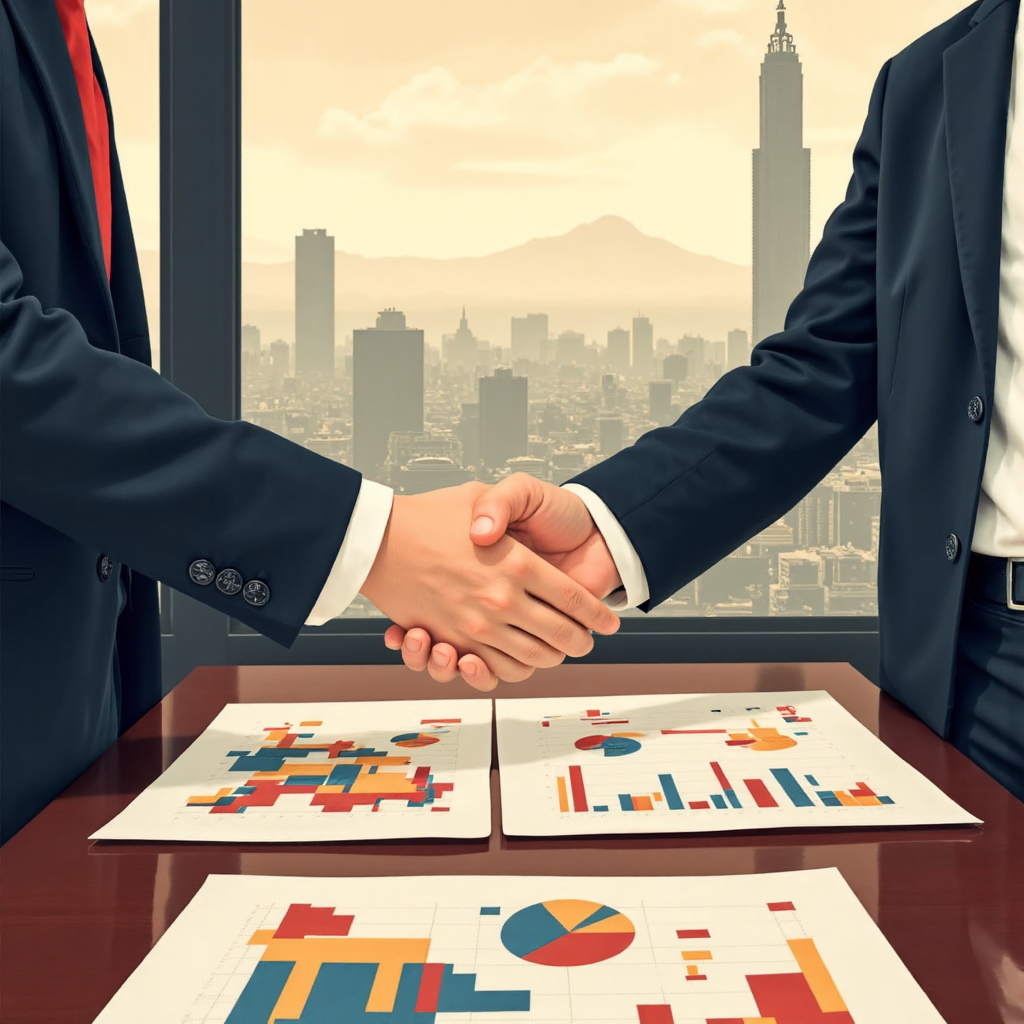 兩位多元文化人士在顯示抽象金融交易圖表的桌上握手的像素藝術插圖，背景為台北城市景觀，以溫暖柔和色調呈現
