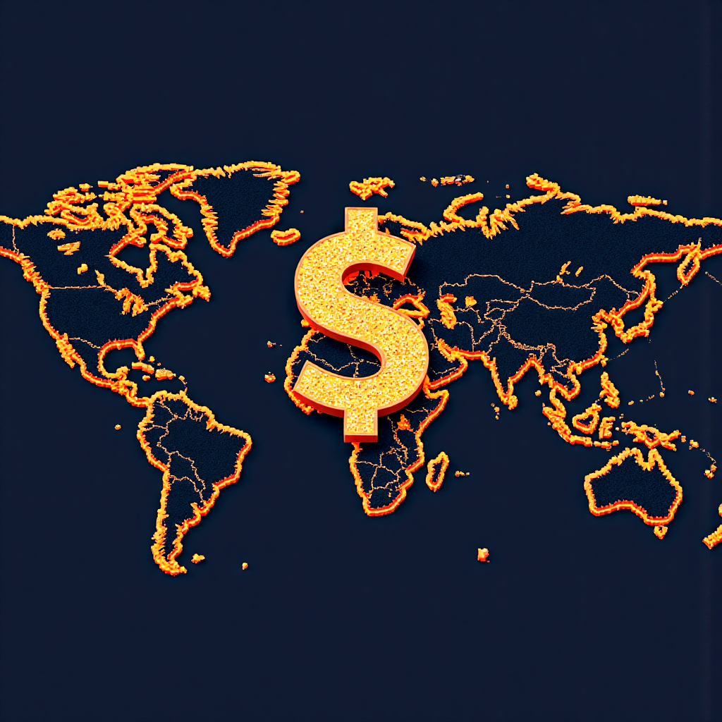 An artistic depiction of global financial markets interconnected by glowing lines with a central focus on the US dollar symbol surrounded by abstract representations of stocks forex and gold