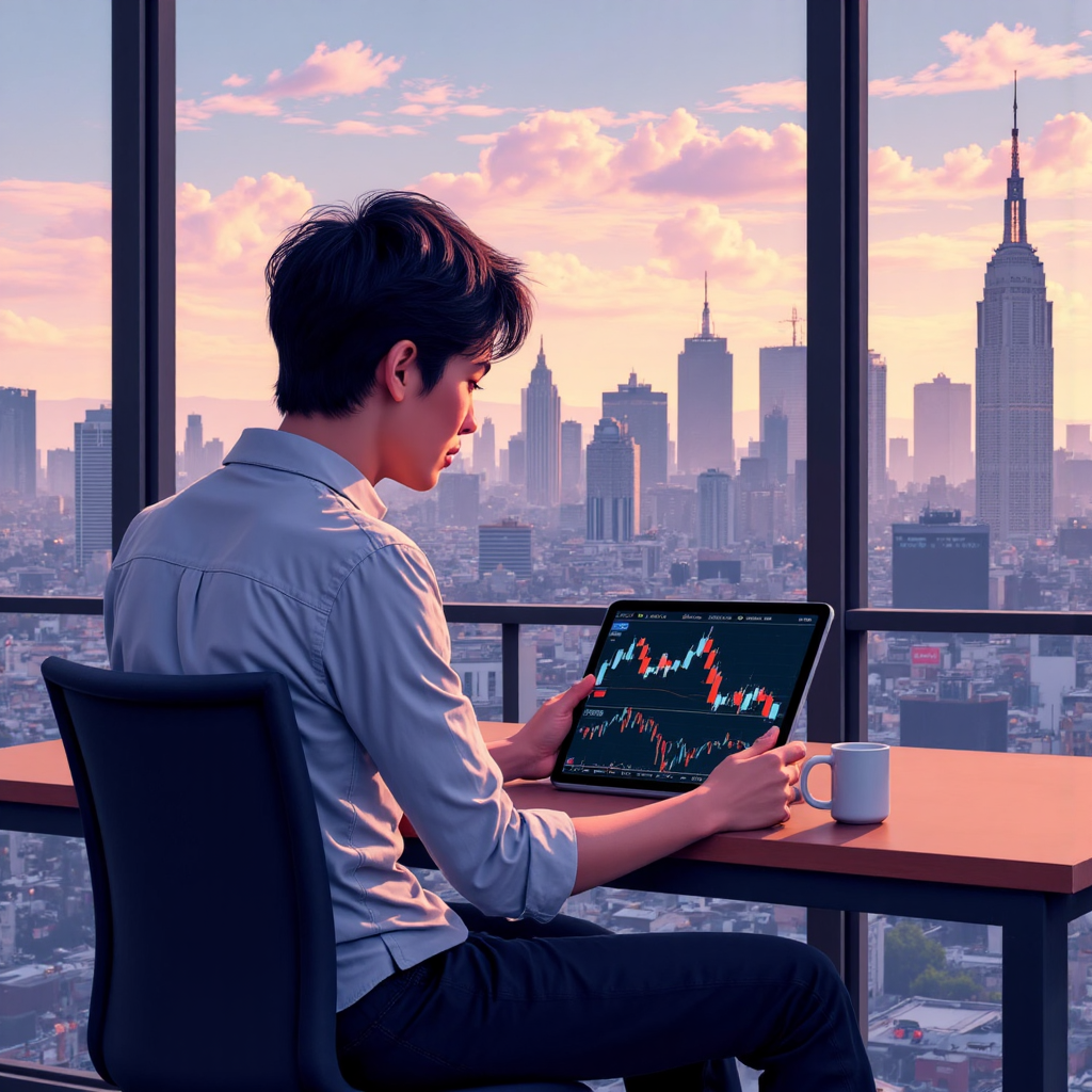 an engaging illustration showing a thai investor thoughtfully comparing a nikkei 225 chart with a thai set index chart on a tablet set against a backdrop of both asia city skylines bathed in soft ambient light