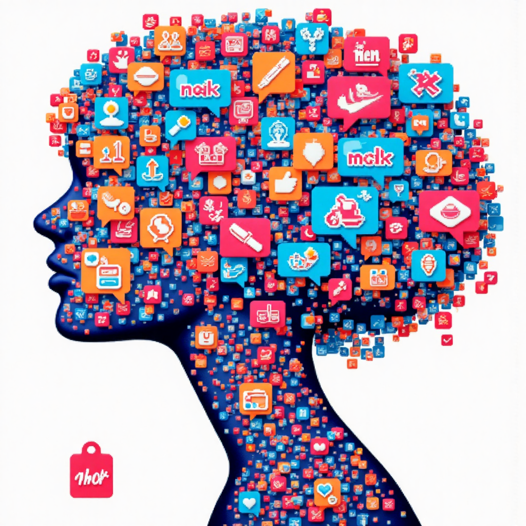 a modern digital art illustration depicting social media icons and speech bubbles in a kaleidoscope of colors with the word 'nok' subtly integrated into the design