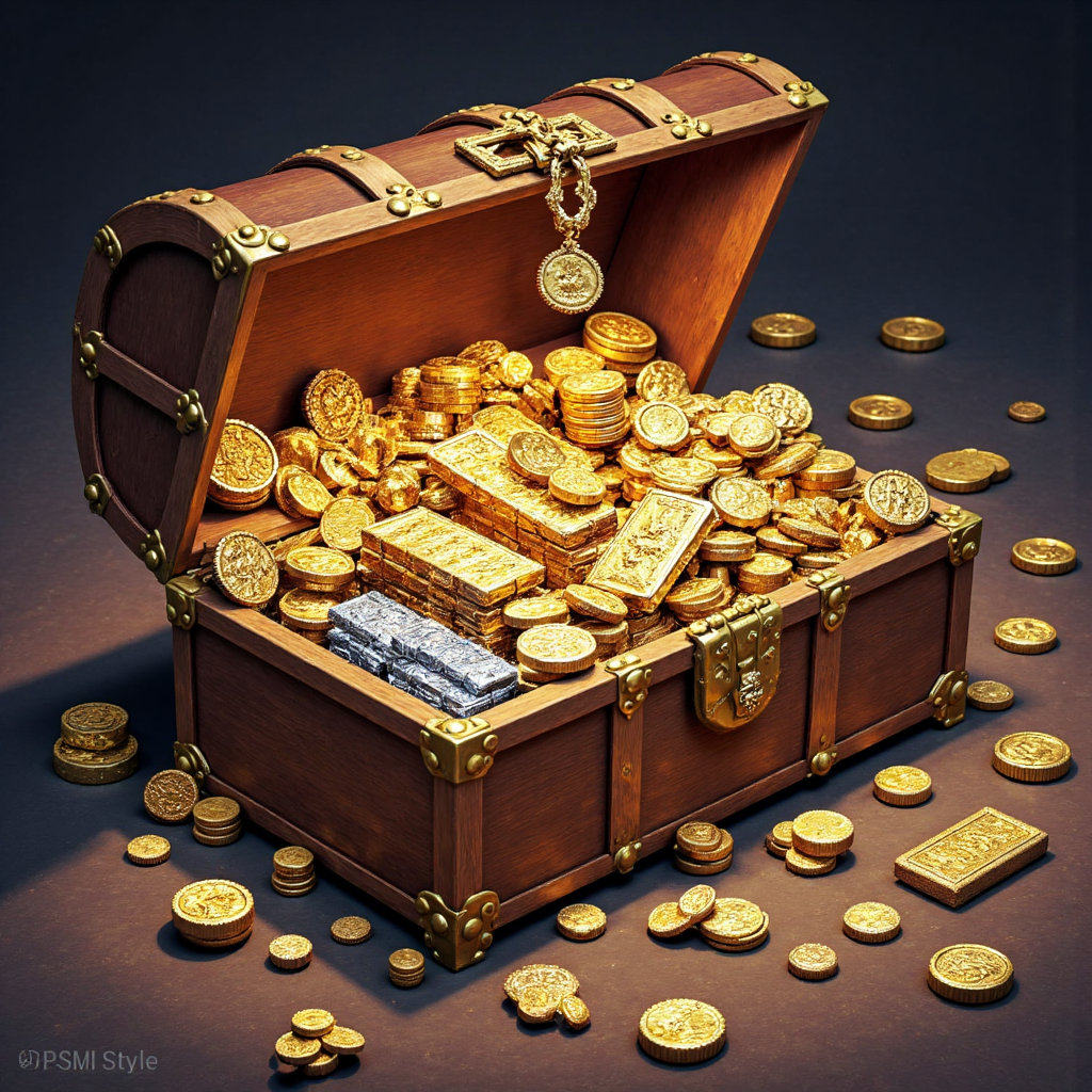 An illustrated guide to precious metals showcasing shining gold bars silver coins platinum ingots and palladium nuggets arranged artfully in a treasure chest with soft warm lighting and intricate details