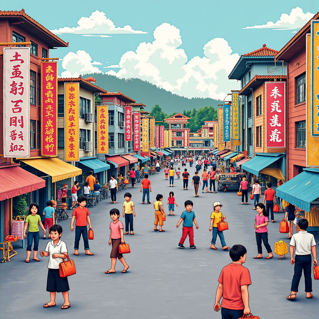 A vibrant illustration showcasing Thai people engaging in daily activities like shopping and traveling with a visual representation of fluctuating currency values integrated into the scene in a playful colorful style