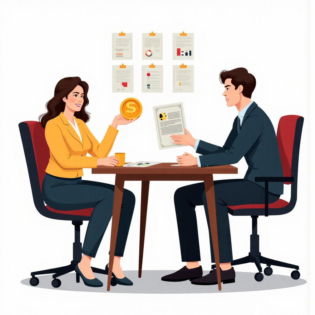 stylized illustration of a financial advisor explaining tax documents to a person holding a gold coin emphasizing clarity and expert financial planning