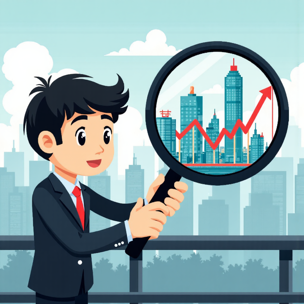 台灣投資者手持放大鏡檢視香港地標與恆生指數圖表的像素藝術插圖