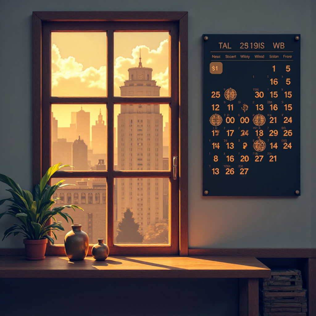 An illustration of a financial calendar with glowing economic indicators like charts and graphs emanating from the dates, soft golden light, serene background, minimalist style