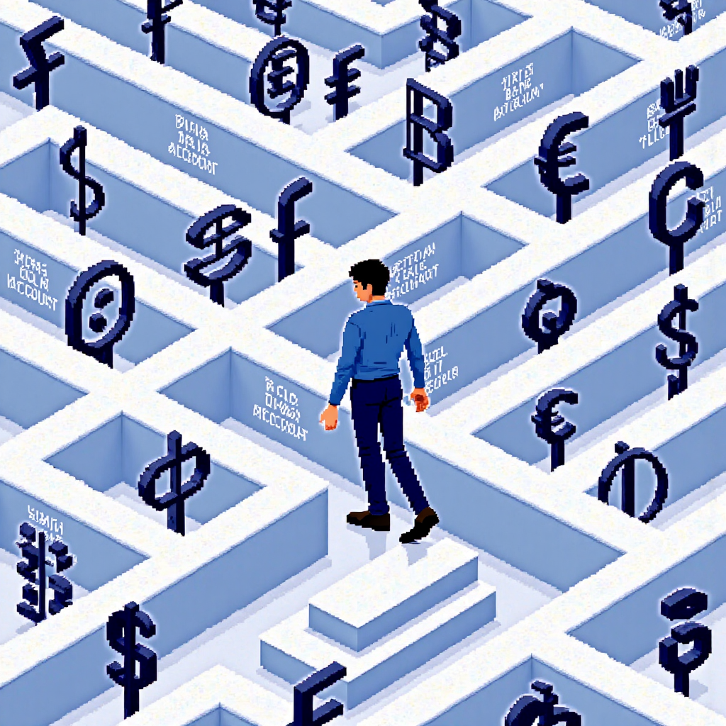 像素藝術插圖，投資人穿越貨幣符號與交易平台的迷宮，標示銀行帳戶、交易平台與風險管理路標，描繪新手外匯投資之旅