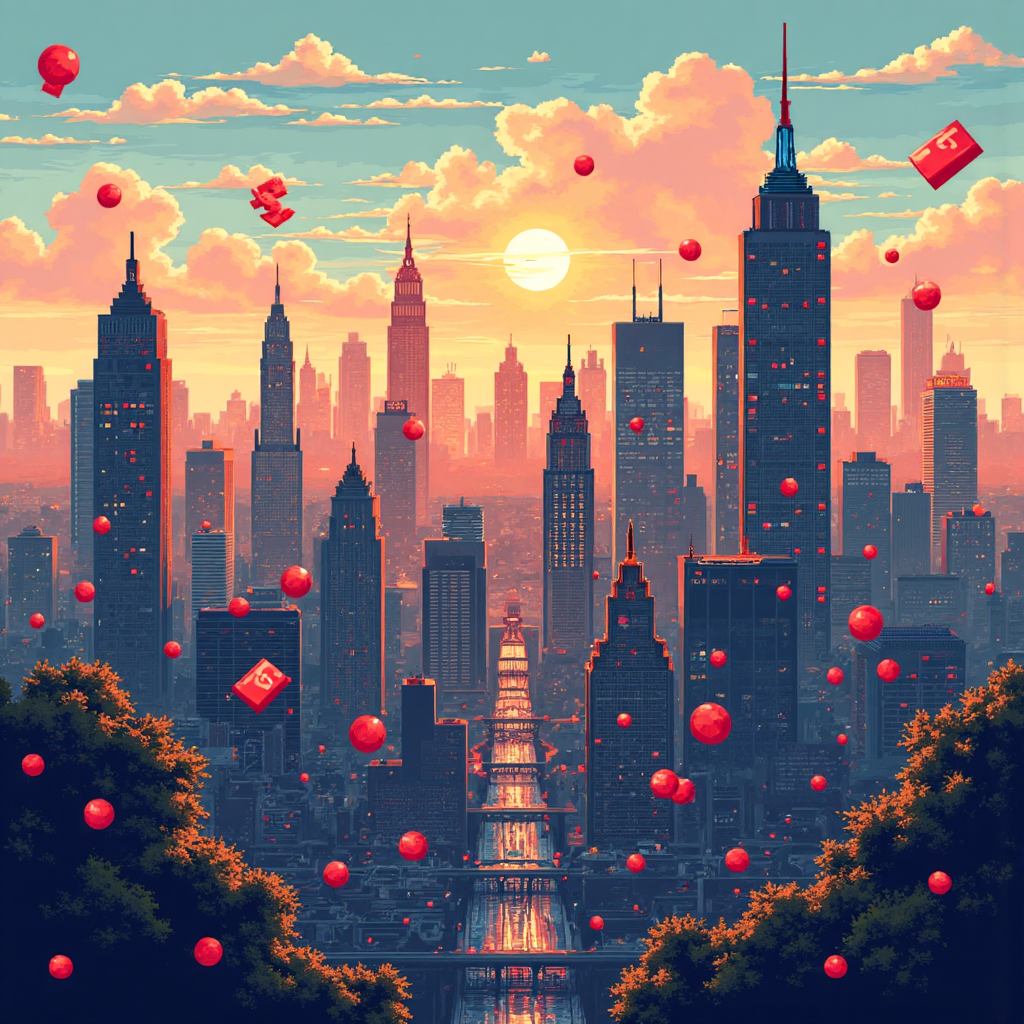 像素藝術風格的全球金融市場插圖，貨幣符號環繞現代城市天際線，展現外匯交易的活力與宏大規模