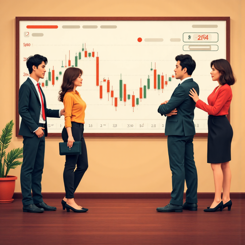 illustration of a diverse group of Thai investors looking at a global currency exchange graph with subtle Thai architectural elements in the background warm color palette