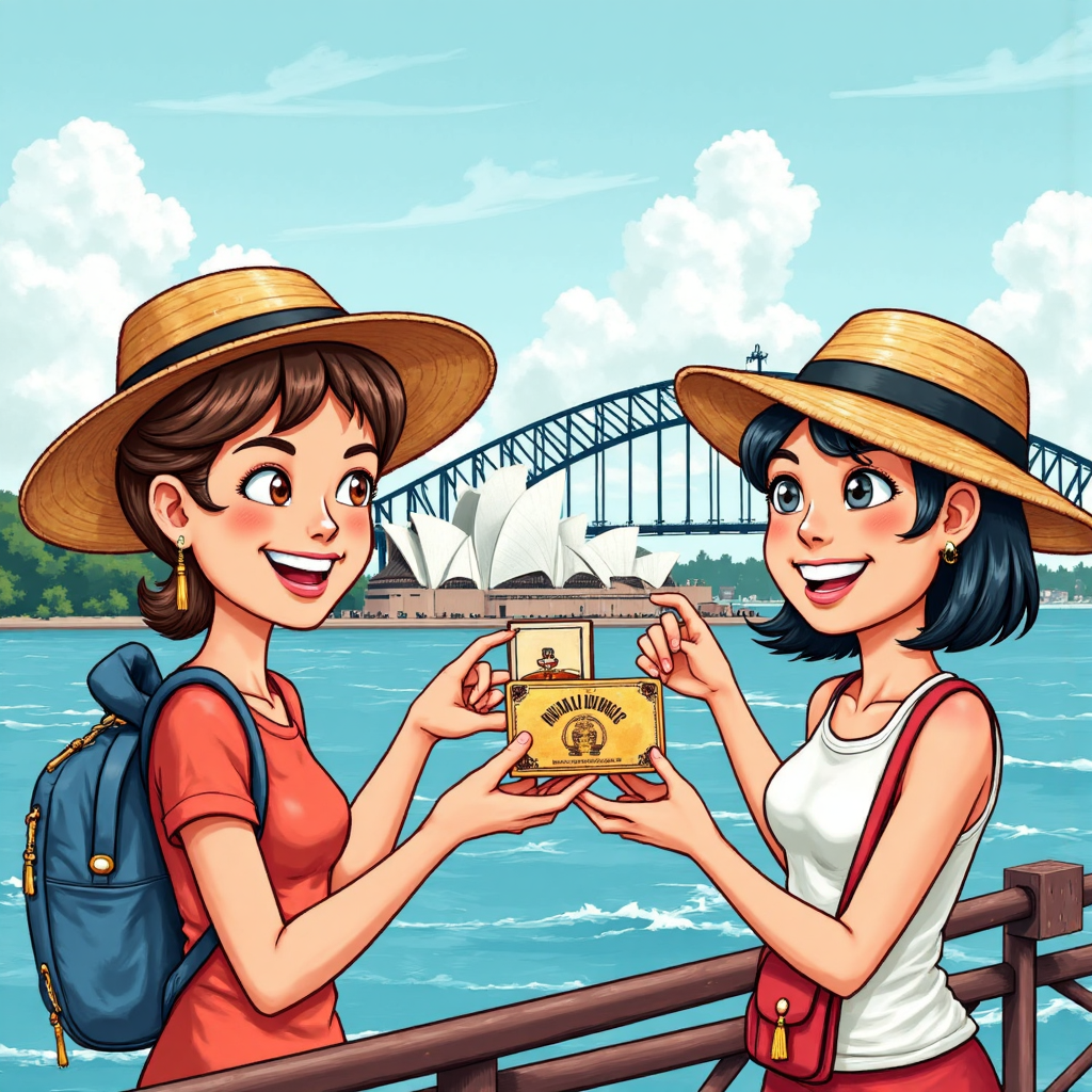 ภาพประกอบการท่องเที่ยวร่าเริงของโอเปร่าเฮาส์และสะพานฮาร์เบอร์ในซิดนีย์ สไตล์วอเตอร์คัลเลอร์ แสดงนักท่องเที่ยวที่กำลังแลกเปลี่ยนดอลลาร์ออสเตรเลียกับบาทไทย ด้วยสัญลักษณ์แลกเปลี่ยนเงินที่เด่นชัด ในบรรยากาศสว่างสดใสน่าเชิญชวน
