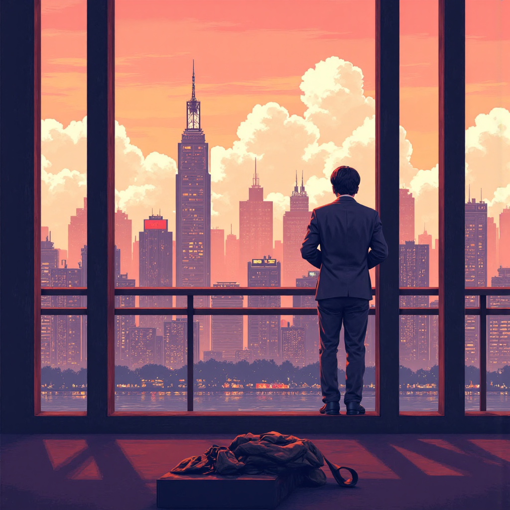 台灣投資者眺望充滿活力的香港天際線,疊加股票圖表,溫暖色調與寧靜天空的像素藝術風格