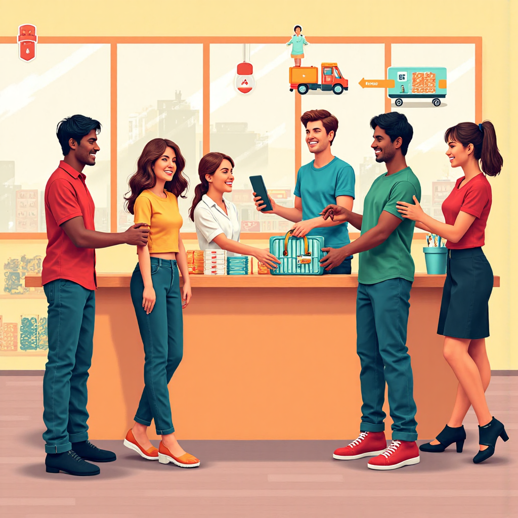 多元人群在線上與實體市場快樂完成交易的像素藝術插圖，包含快速交付和擁有權的數位圖示