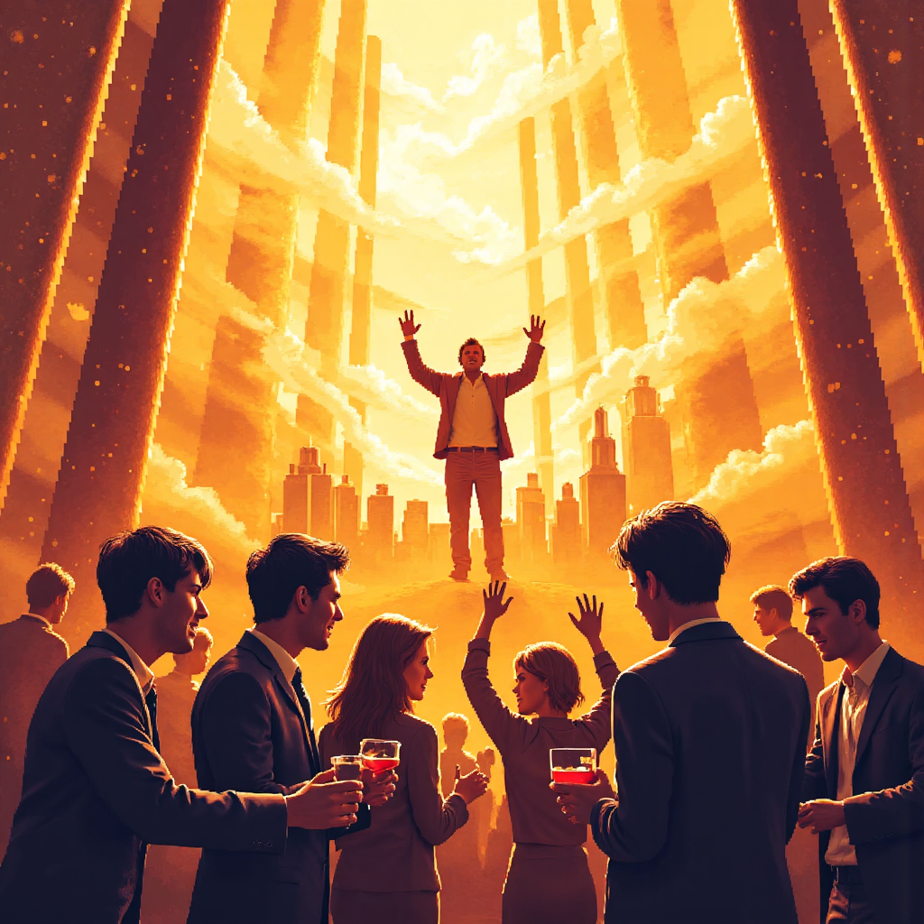 A vibrant illustration of a stock market chart soaring upwards breaking through a golden ceiling symbolizing all-time high with diverse investors cheering in the background warm sunlight golden hour