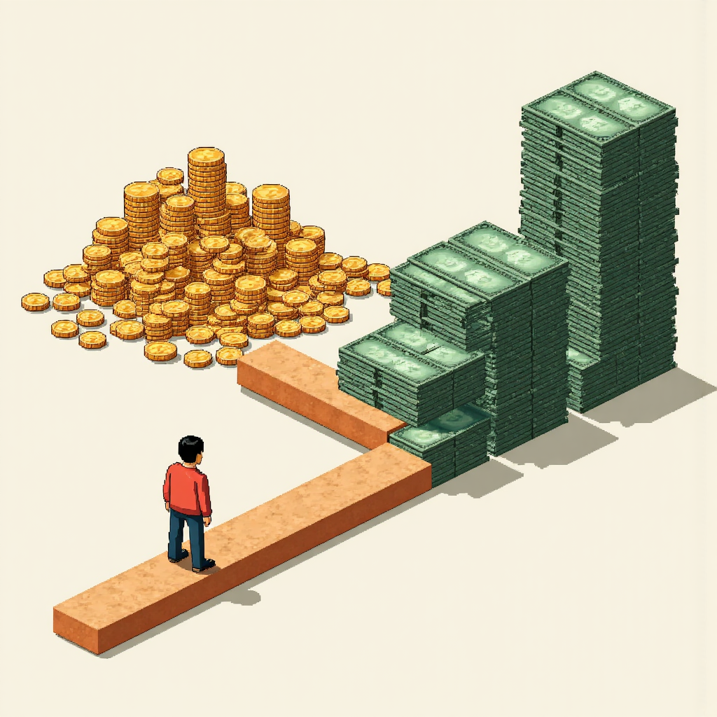 像素藝術風格的分紅路徑圖像，一邊是現金幣堆積，另一邊是股票紙張堆疊，區分現金股利與股票股利