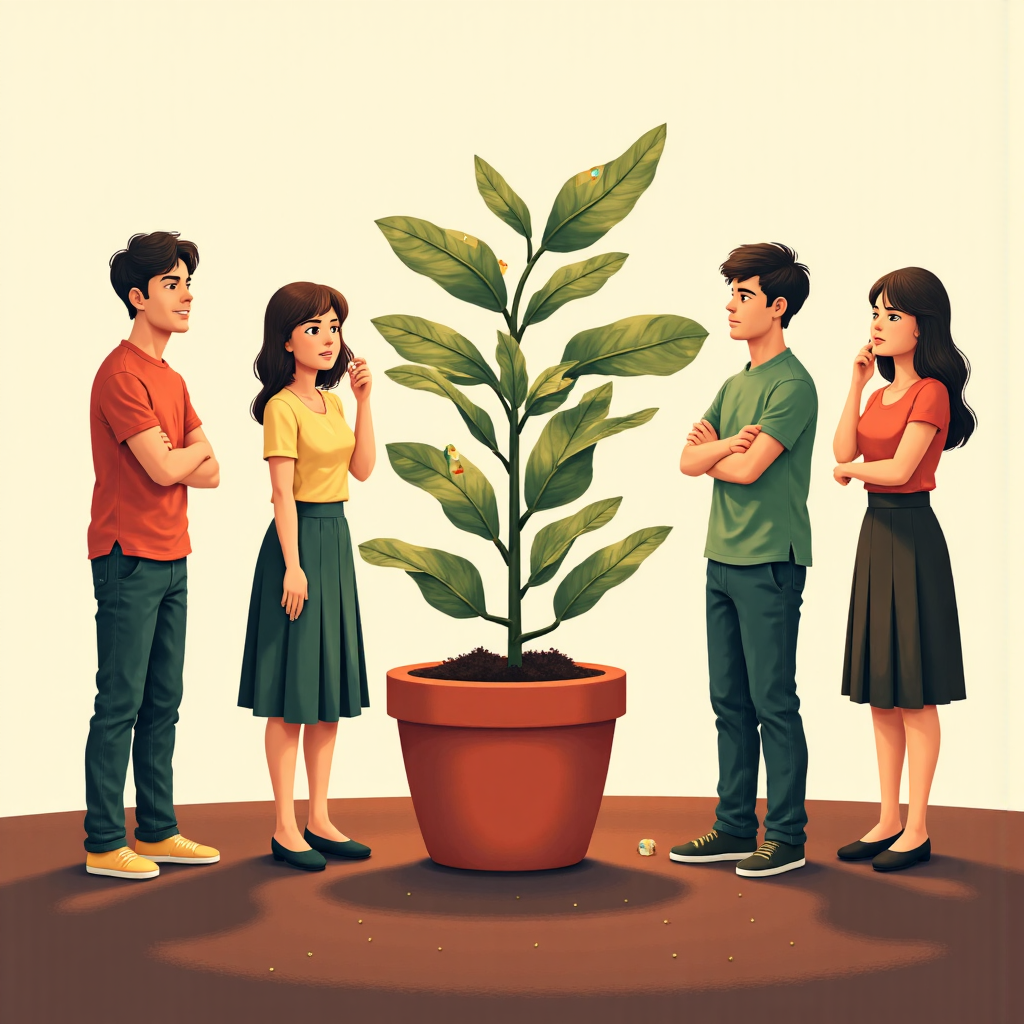 illustration of diverse Thai people thoughtfully investing small amounts into a growing plant labeled with rising stock charts with warm ambient lighting