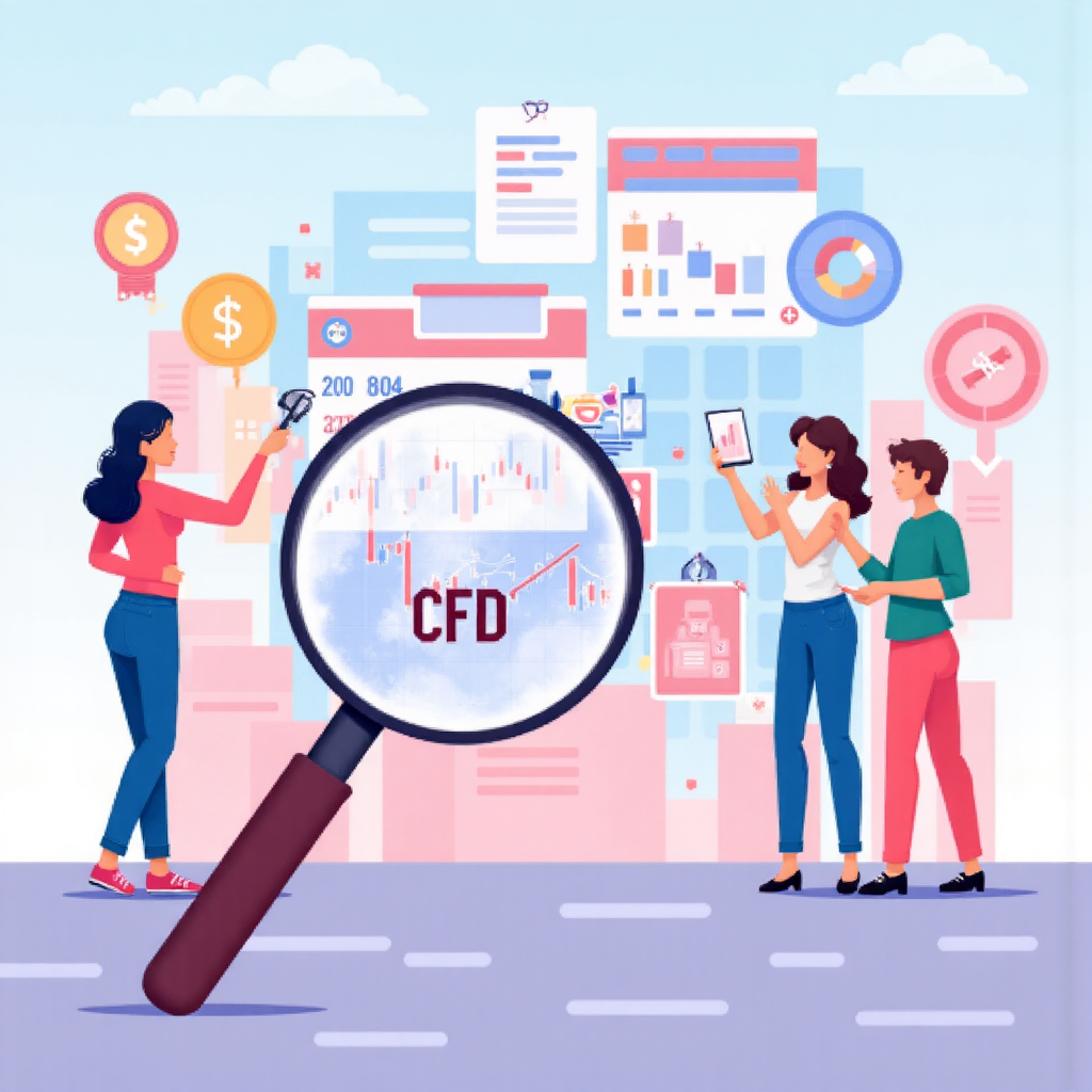Illustration of financial charts and currency symbols with a magnifying glass highlighting the term CFD representing trading and investment analysis with soft pastel colors and a clear sky background