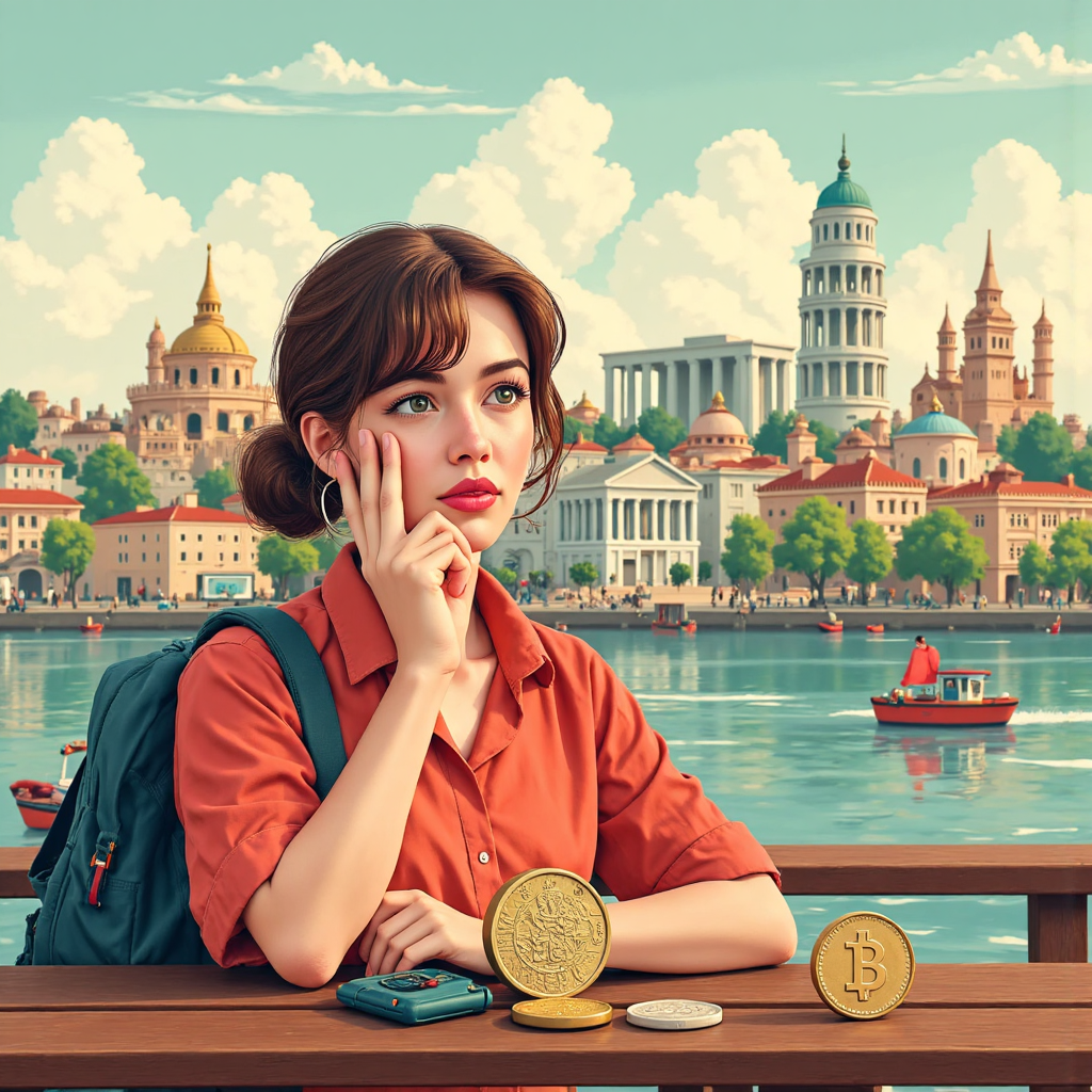 An illustration of a traveler thoughtfully comparing a real Euro coin with a Thai Baht coin against a backdrop of iconic Greek landmarks rendered in a warm dreamy style
