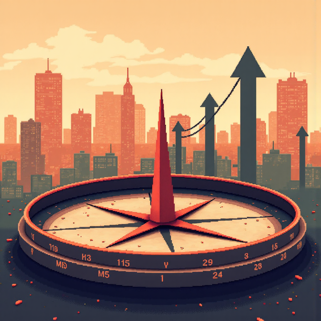 風格化指南針以移動平均線為指針指向向上趨勢箭頭，背景為城市景觀與溫暖色調