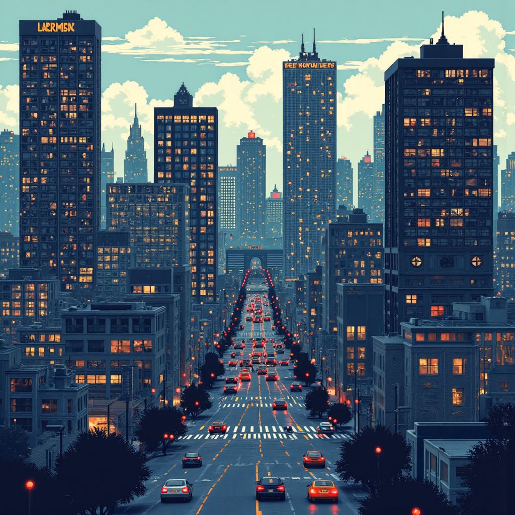 a modern cityscape illustration with digital elements and blockchain motifs subtly intertwined with cautionary symbols representing the potential for modern financial fraud mirroring the enron scandal