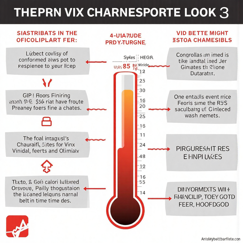 A complex infographic visually explaining the calculation of the VIX index using S&P 500 options and a thermometer showing rising fear levels due to economic news and geopolitical events