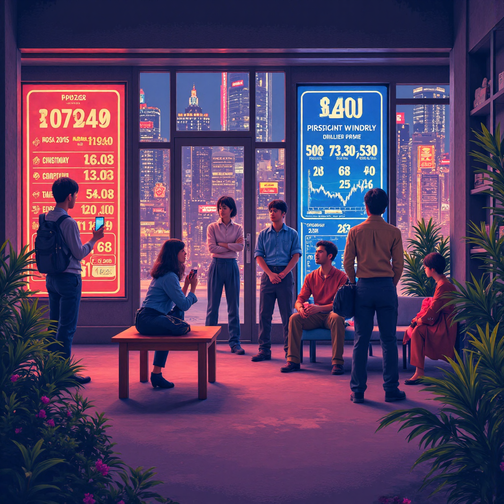 台灣投資者互動財務數據像素藝術,多樣人群與股票圖表及穩定債券收益率交織,現代舒適台灣環境