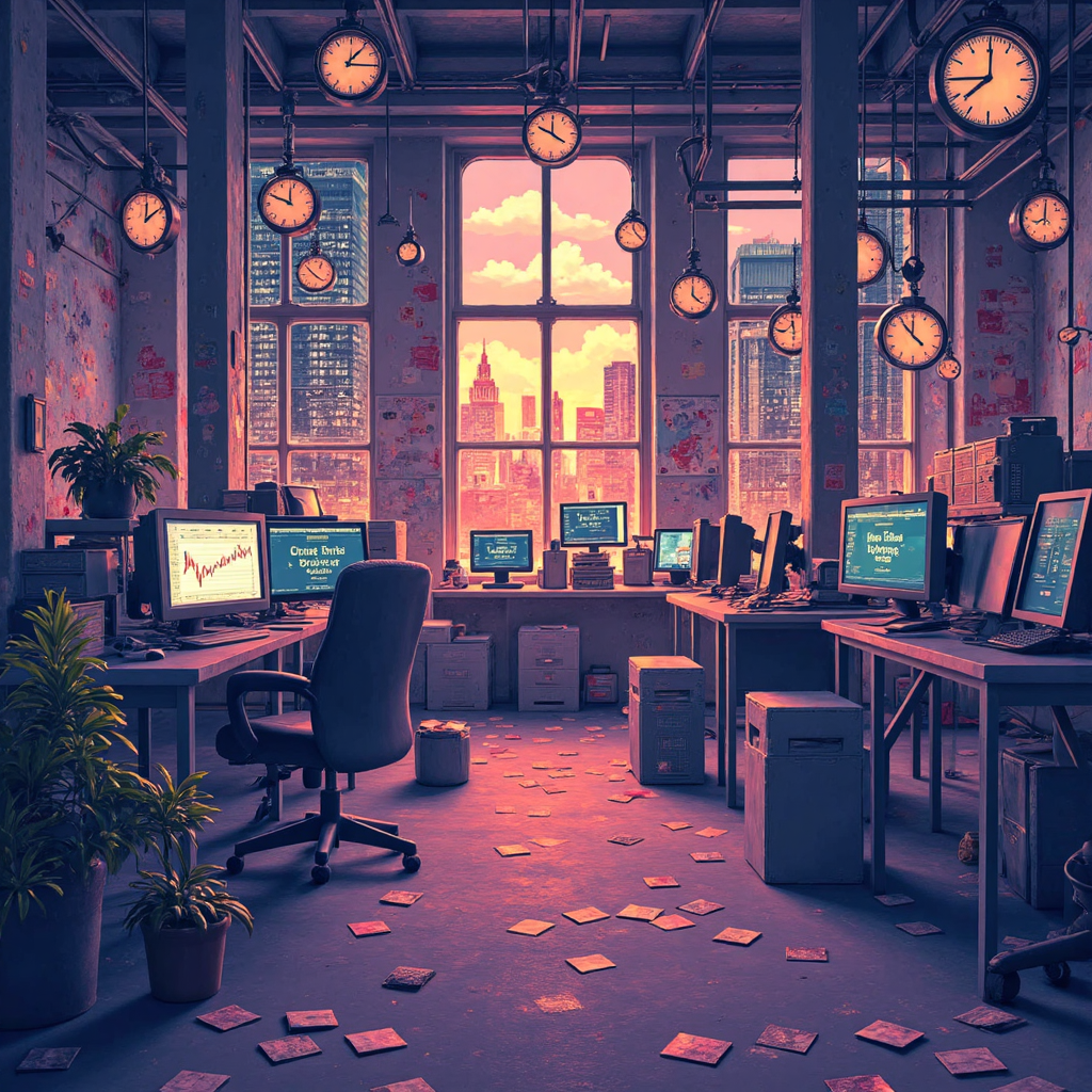 台灣股市集合競價開盤前準備戰像素藝術插圖,展示忙碌交易廳與訂單票據環繞價格圖表