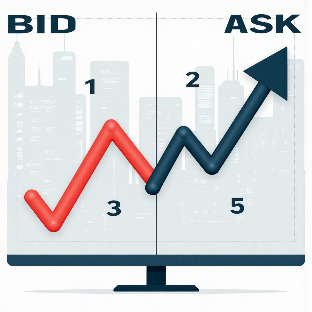像素藝術風格插圖,展示買價與賣價概念,兩支分歧箭頭上方標註數字,背景為金融圖表
