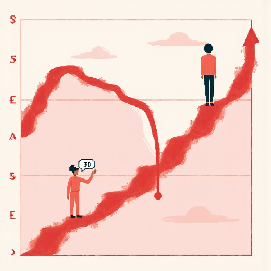股票市場圖表顯示紅色向下曲線,手在開盤前放置賣單,輕快柔和的粉彩色調傳達謹慎期待