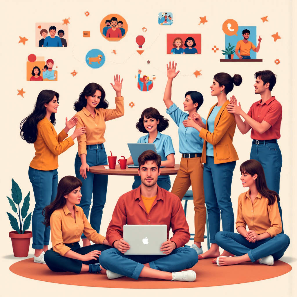 A vibrant illustration depicting a diverse group of people collaborating joyfully in a digital space surrounded by colorful communication icons and community symbols soft lighting warm color palette
