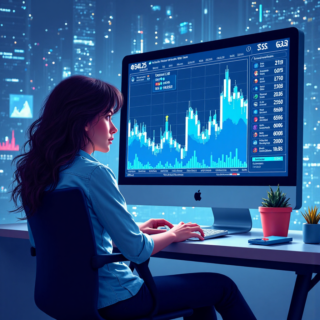 illustration of a curious investor looking at a glowing apple stock chart surrounded by futuristic technology icons and financial data streams soft ethereal lighting and a calm blue color palette