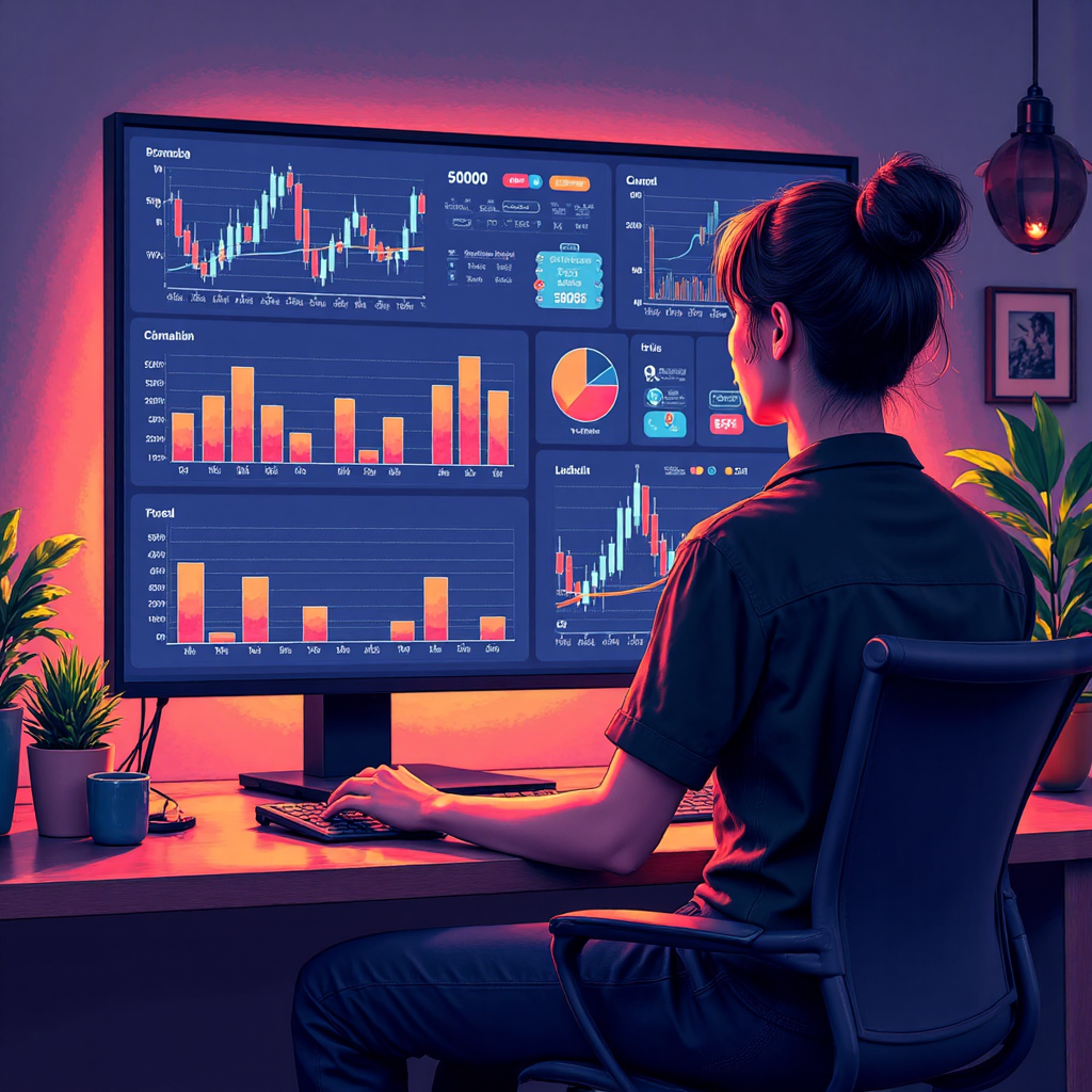 a vibrant illustration of a Thai investor confidently looking at a digital dashboard showing multiple trading charts and stylized icons representing financial growth with warm inviting lighting