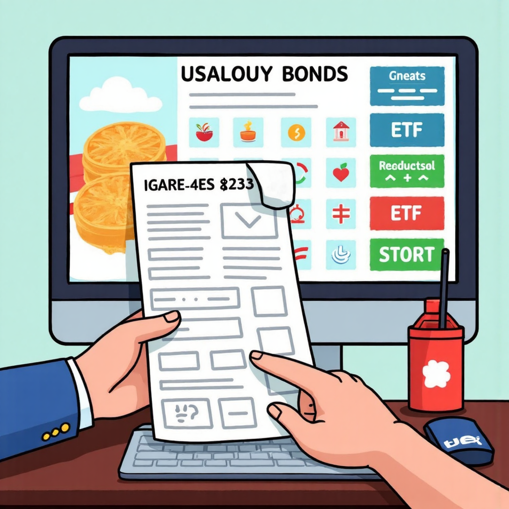 像素藝術風格的卡通手引導填寫美國國債線上交易表,顯示ETF與直接購買圖示,營造明亮鼓勵氛圍