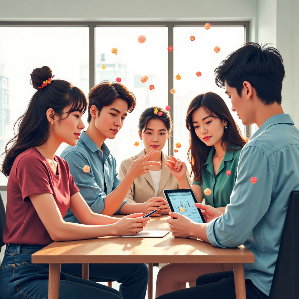 ภาพประกอบกลุ่มคนไทยหลากหลายดูกราฟการเงินบนแท็บเล็ตพร้อมสัญลักษณ์สกุลเงินลอยรอบๆ ในสำนักงานสมัยใหม่สว่างไสวด้วยแสงธรรมชาติอ่อนๆ