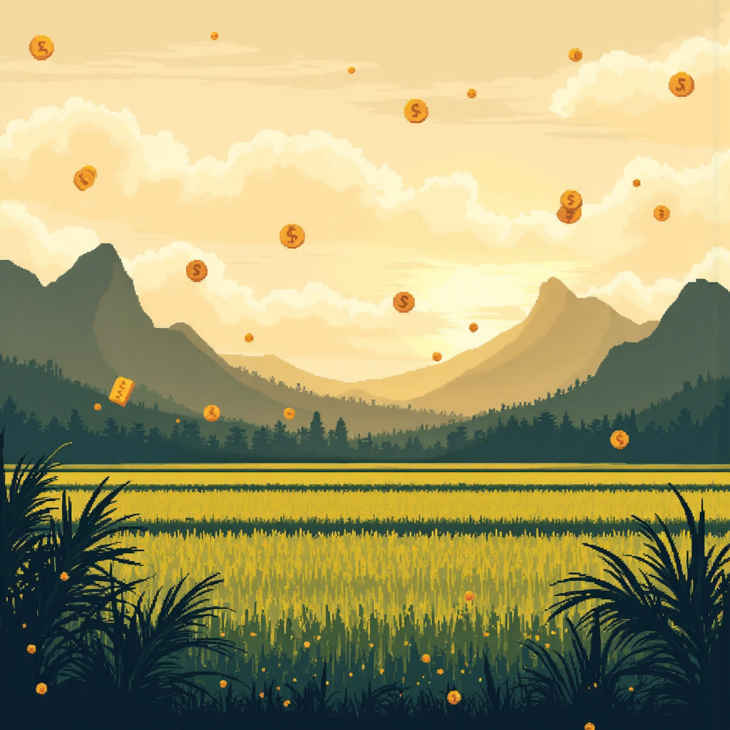 An illustration depicting a serene Thai landscape with gentle mountains and rice paddies bathed in warm morning light with subtle currency symbols floating abstractly above