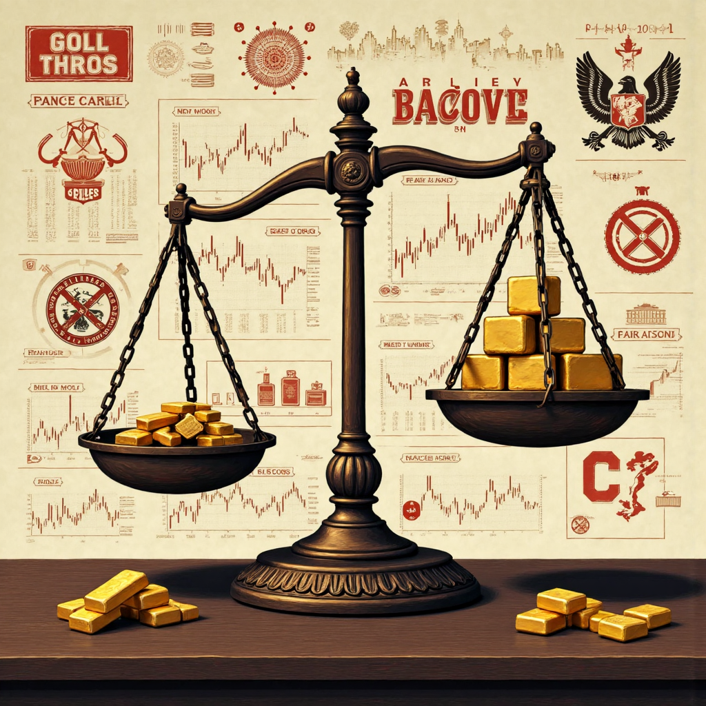 黃金價格平衡全球經濟圖表與地緣政治符號的復古插圖