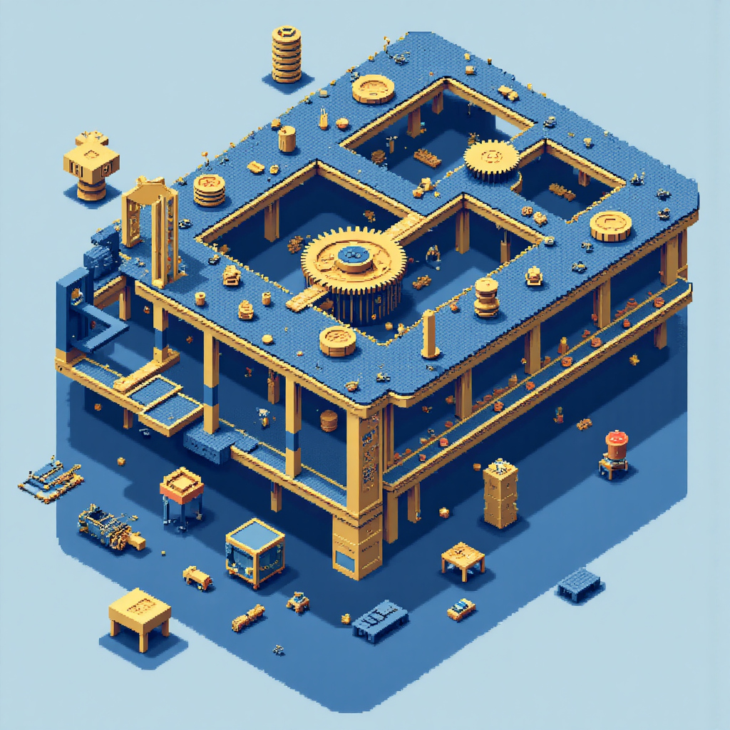 集合競價機制抽象像素藝術插圖,齒輪與線條代表買賣量匯聚形成開盤價