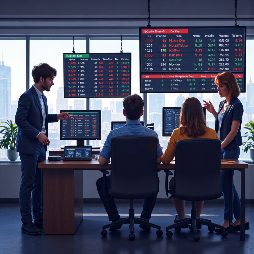 多元族群在現代辦公室觀看國際股市螢幕，疊加數據與成功交易通知