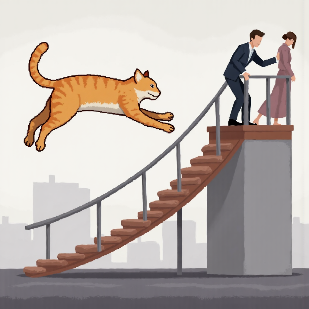 an illustration of a cat falling from a height with a small bounce before hitting the ground symbolizing dead cat bounce in the stock market