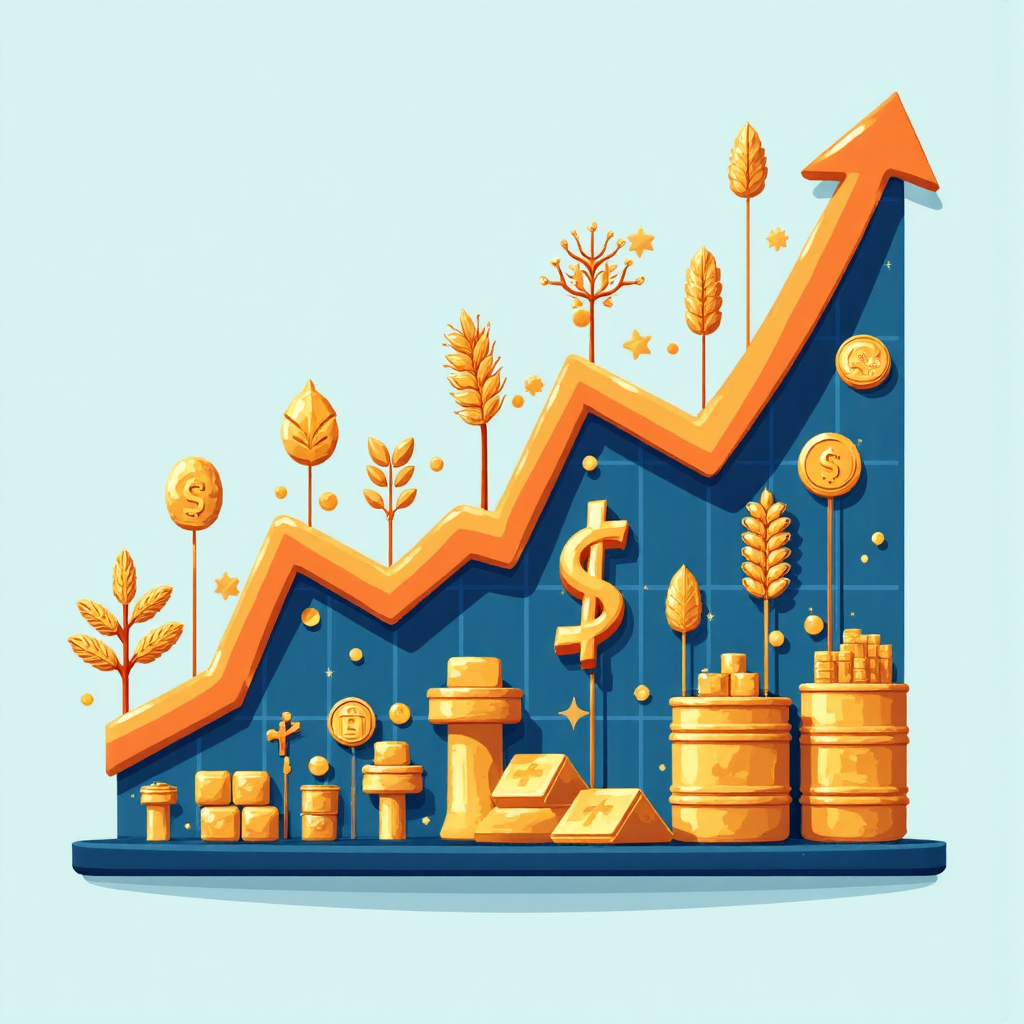 多元商品圖示如金條、石油桶和小麥莖桿,排列成動態交易圖表,背景柔和藍色,象徵市場機會與成長