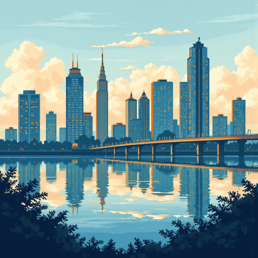 像素藝術風格的金融圖表與利率符號插圖,展示現代城市天際線下的市場動態