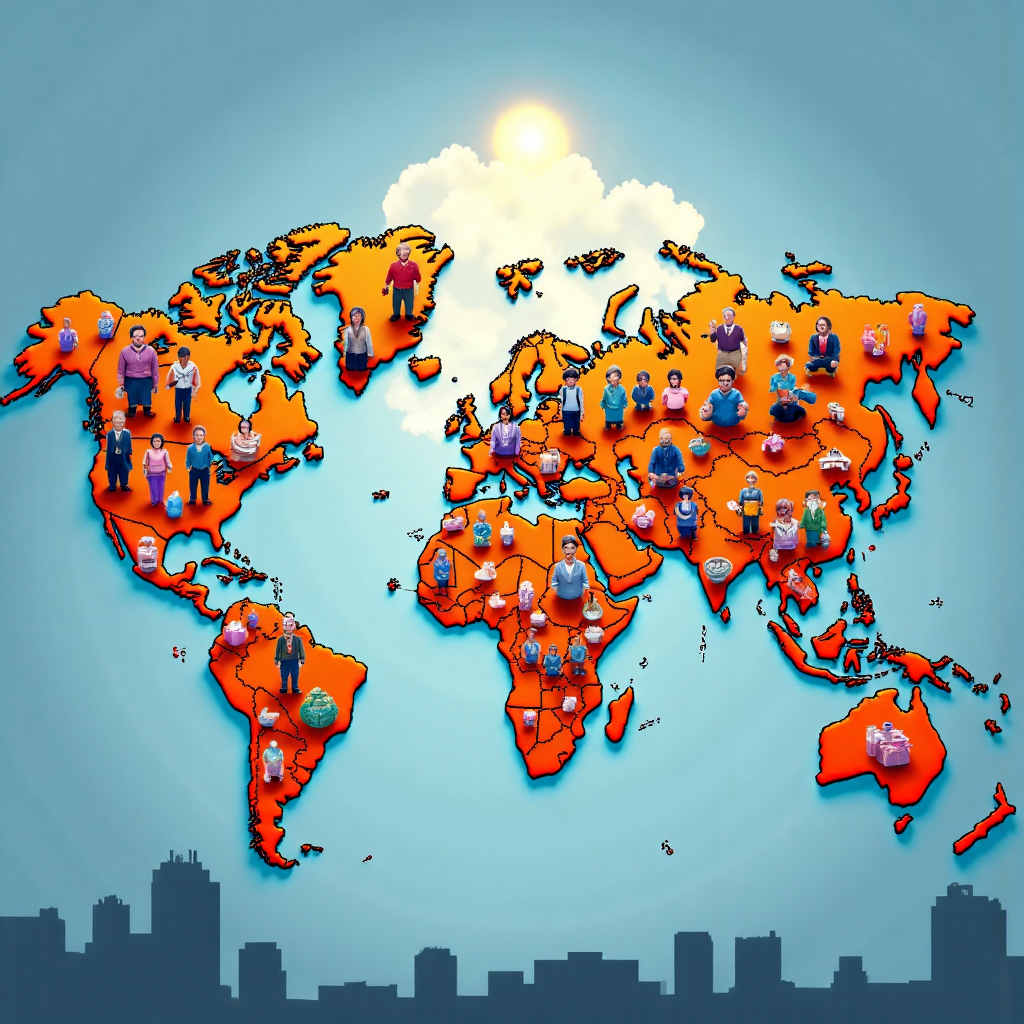 全球地圖上不同國家人物交換多元商品與服務的像素藝術插圖,充滿溫暖光芒與鮮豔色彩