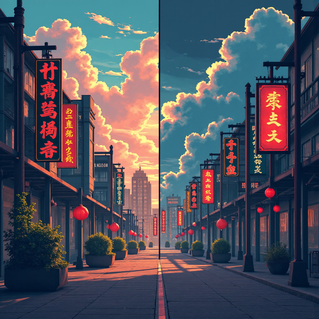 投資中國機會與市場風險的像素藝術分裂場景插圖