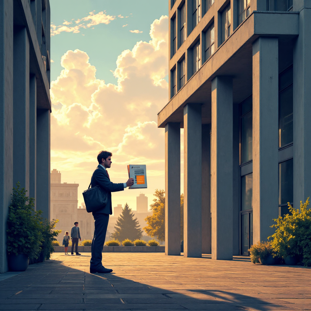 商業人士遞交發光財務報告給銀行大樓,象徵信用評級開啟機會之路