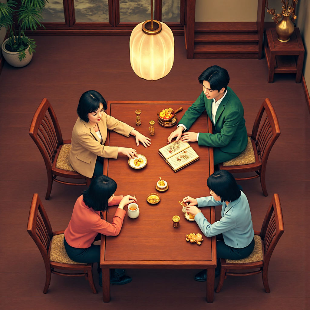 台灣家庭檢視黃金存摺與飾品的俯視圖,像素藝術風格,傳統木桌柔和燈光