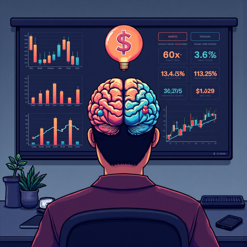 金融圖表與圖形,搭配象徵市場心理的人腦圖示的像素藝術風格插圖