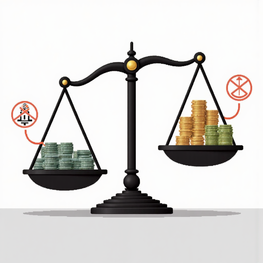 平衡公司價值和股東分配的天平概念插圖,標示現金和股票股利導致分數調整的像素藝術