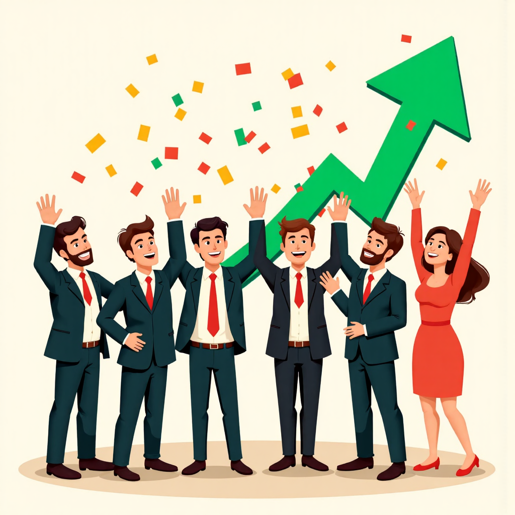 投資者慶祝股票上漲的卡通圖,綠色向上箭頭與彩屑元素